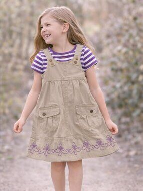 Vintage Faded Glory Girls Jumper Set Size 5 Khaki Dress Purple Stripe Shirt 2pc